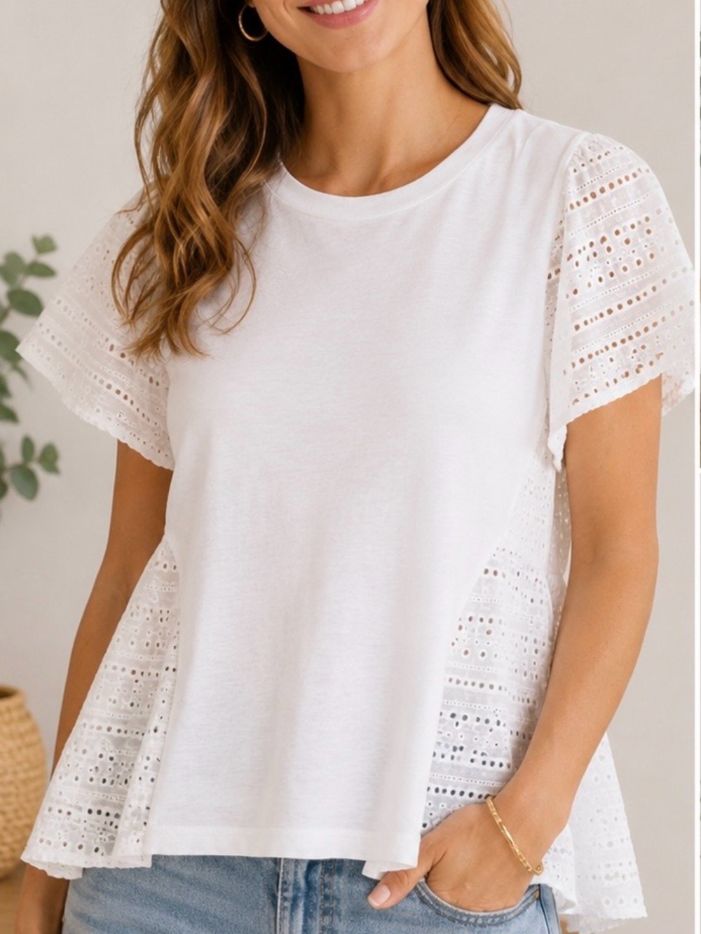 White Eyelet Flutter Sleeve Mixed Media Peplum Top  Size L
